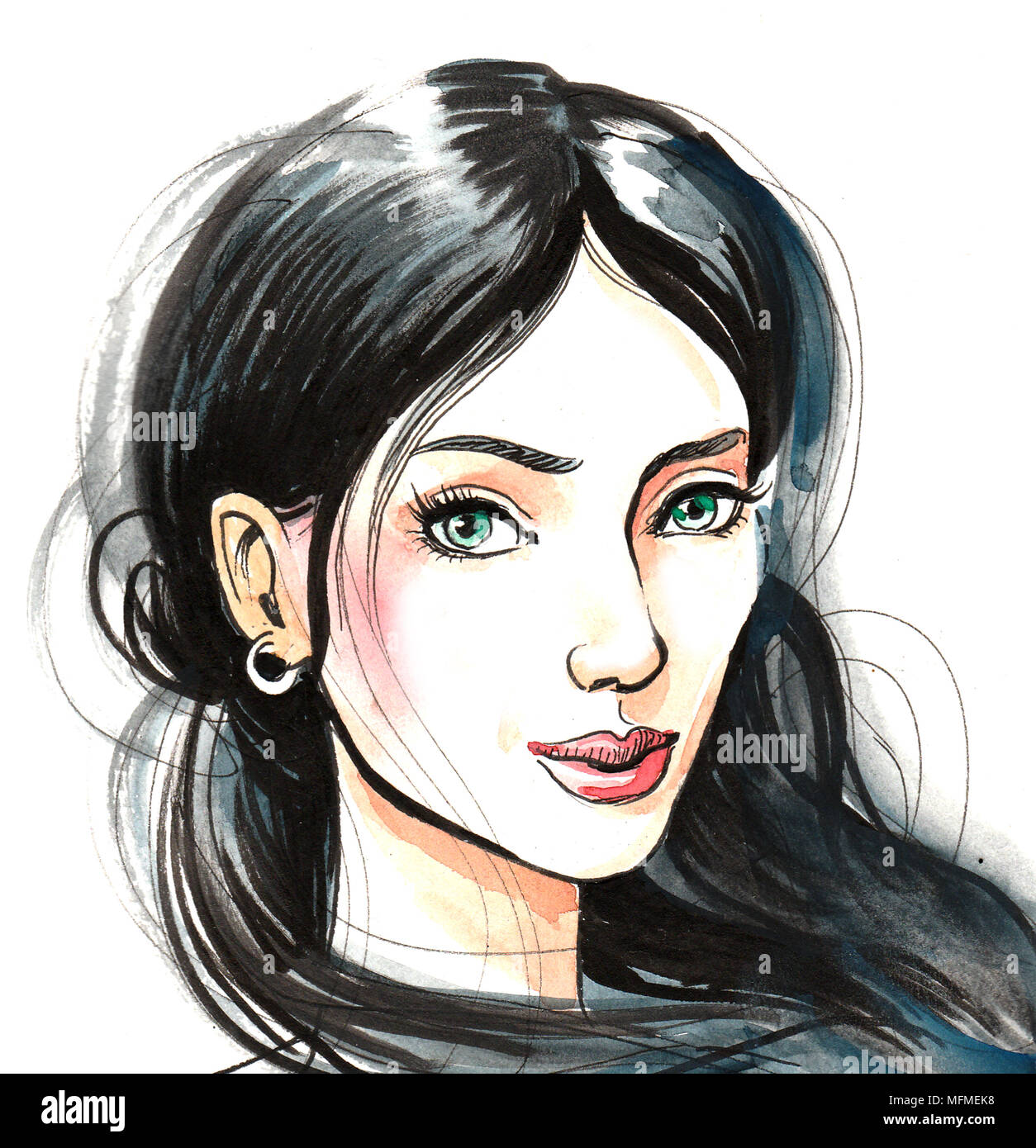Watercolor sketch of a beautiful woman with a long black hair Stock