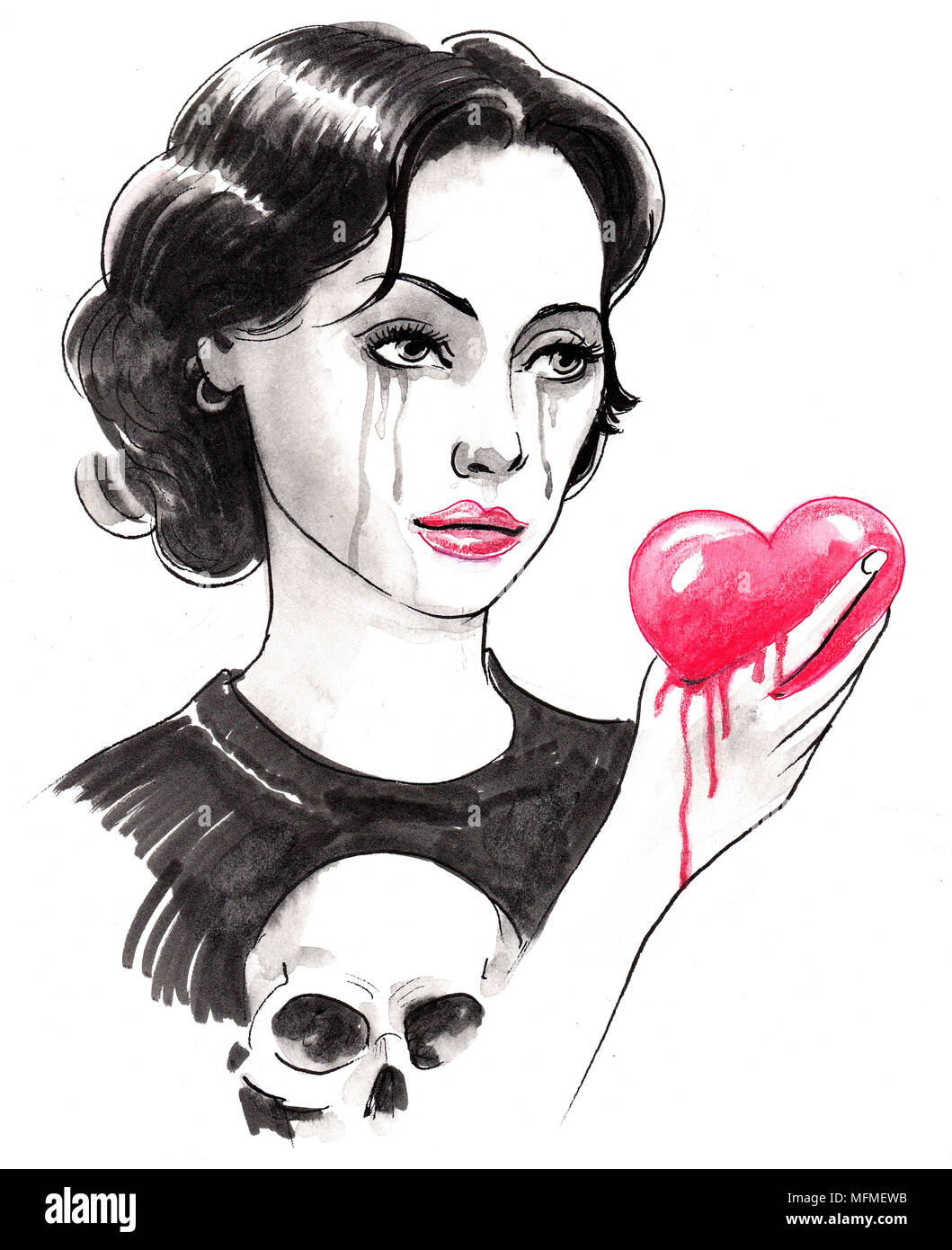 Crying Girl With A Bleeding Heart Ink Black And White Drawing Stock Photo Alamy