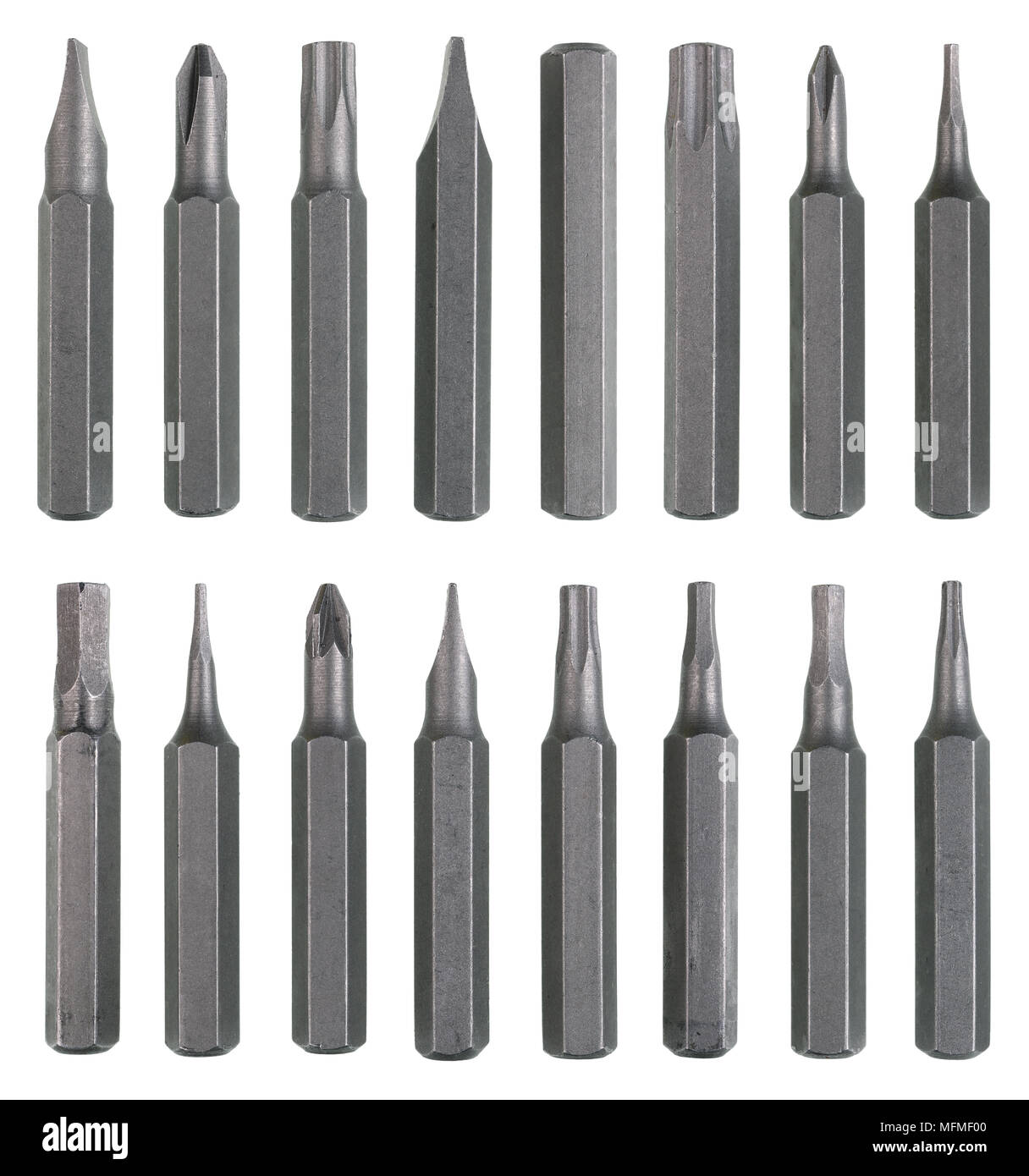 Sixteen steel magnetic inserts for industrial multi function screwdrivers. Isolated on white studio macro set Stock Photo