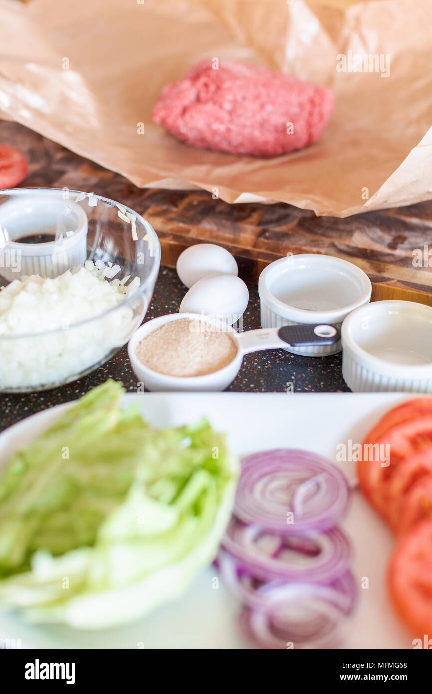 Preparing gourmet burger beef patties for classic burgers Stock Photo