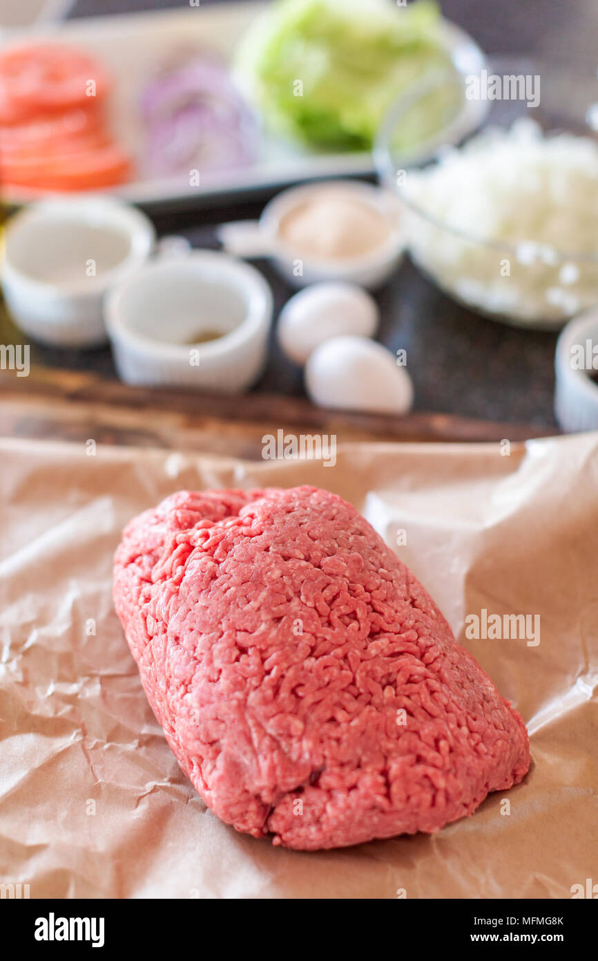 Preparing gourmet burger beef patties for classic burgers Stock Photo