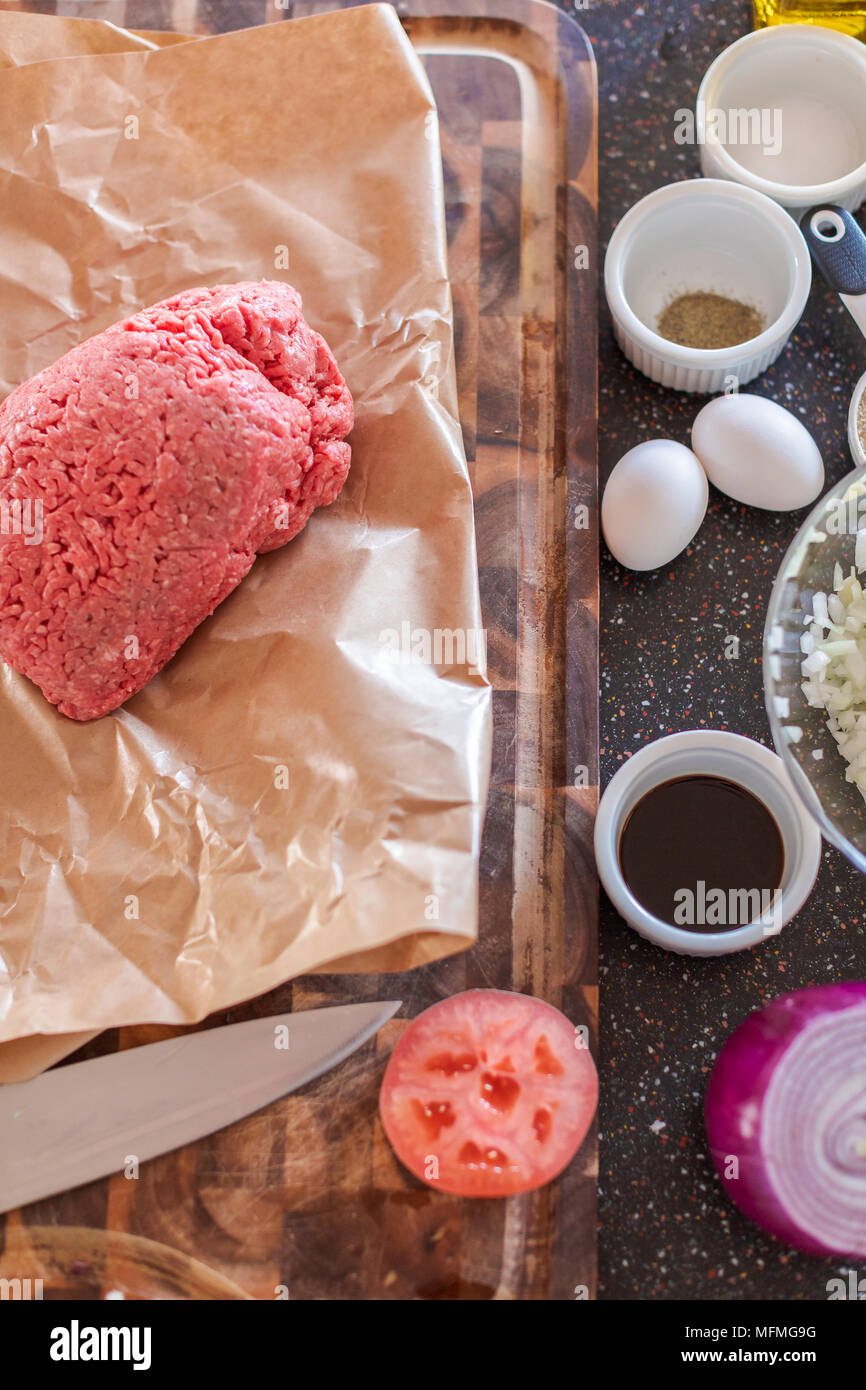 Preparing gourmet burger beef patties for classic burgers Stock Photo