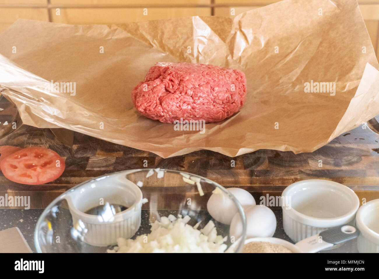 Preparing gourmet burger beef patties for classic burgers Stock Photo