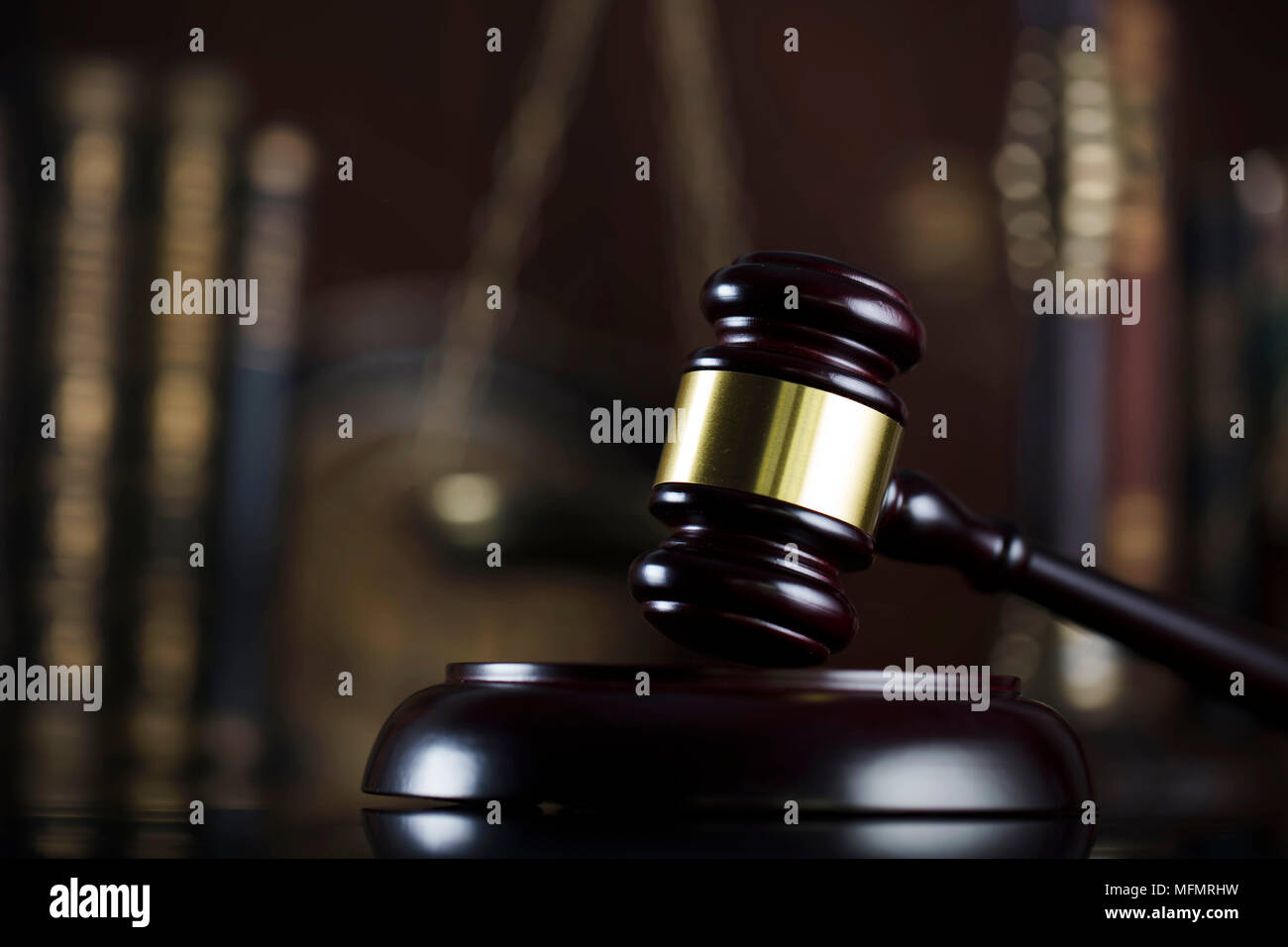 Law theme. Judge antique gavel. Bookshelf background Stock Photo Alamy