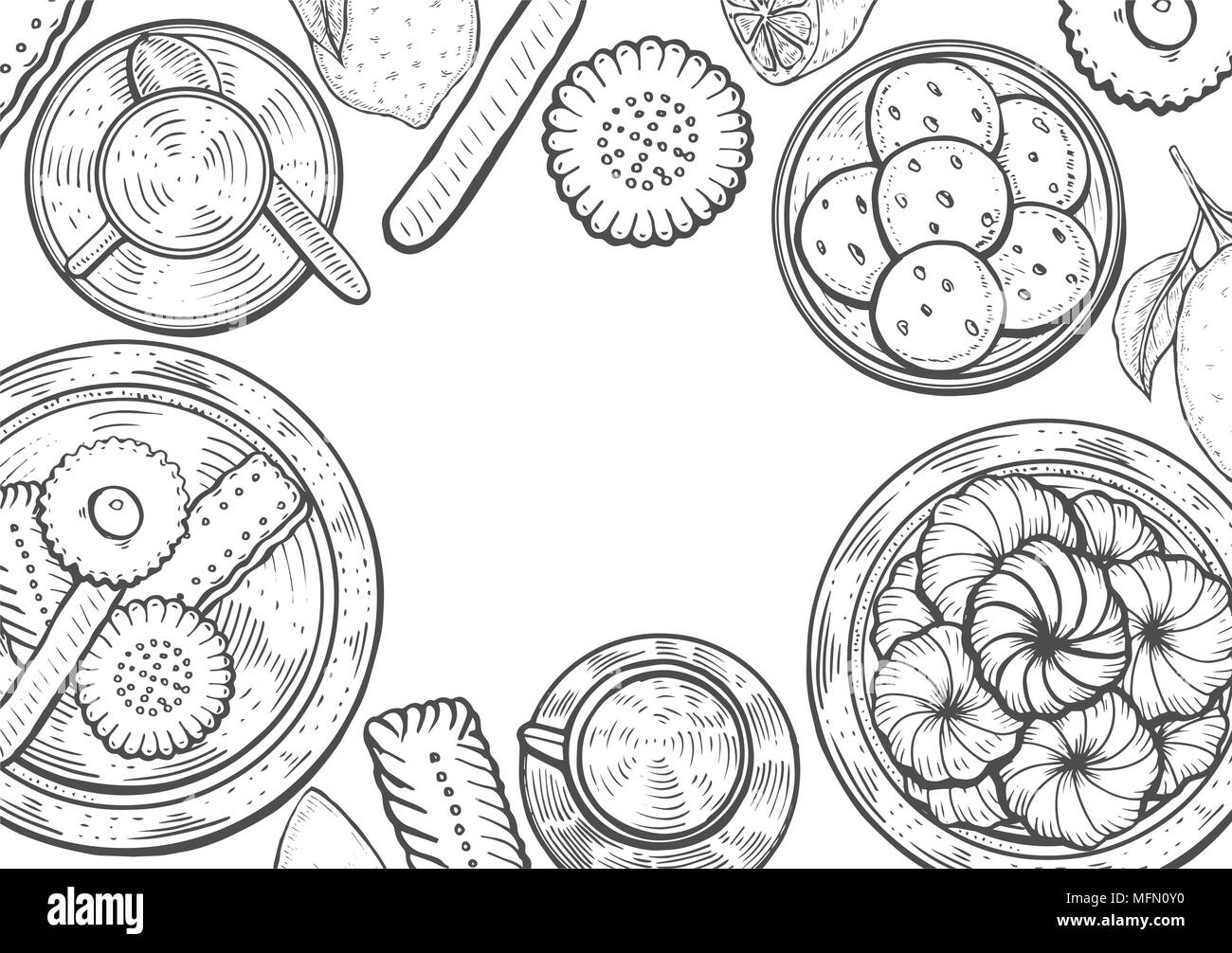 Hand drawn Food menu background. Middle eastern food. Oriental sweets vector illustration. Linear graphic. Monochrom vector illustration. Stock Vector