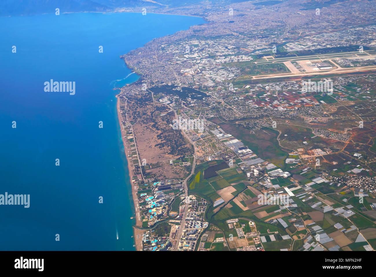 Aerial photograph of Lara beach and Antalya bay in background Stock Photo