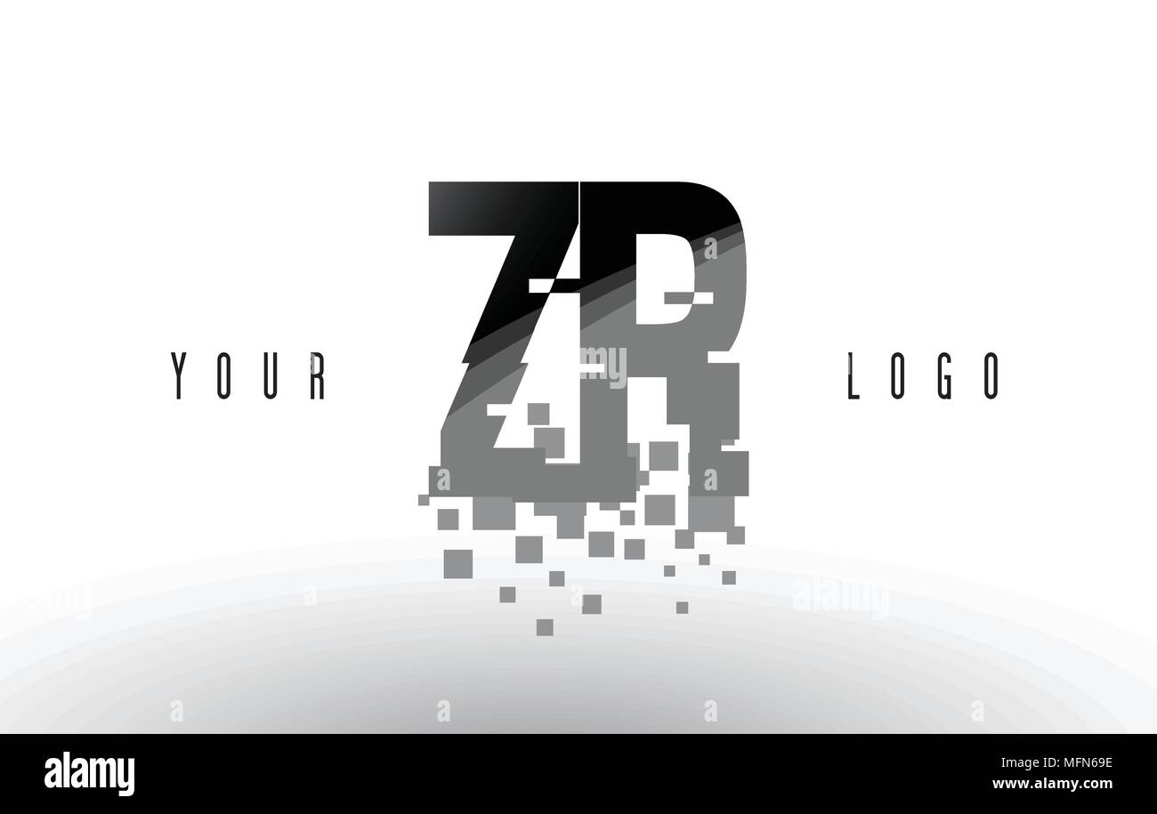 ZR Z R Pixel Letter Logo with Digital Shattered Black Squares. Creative