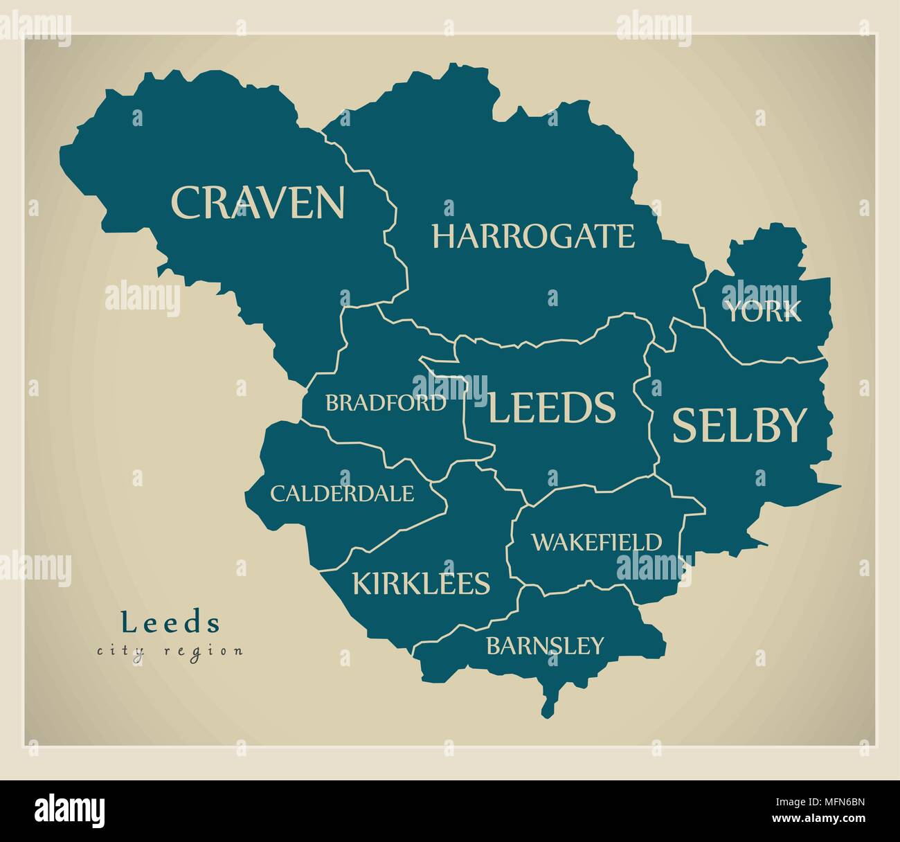 Modern City Map Leeds city of England with boroughs and titles UK