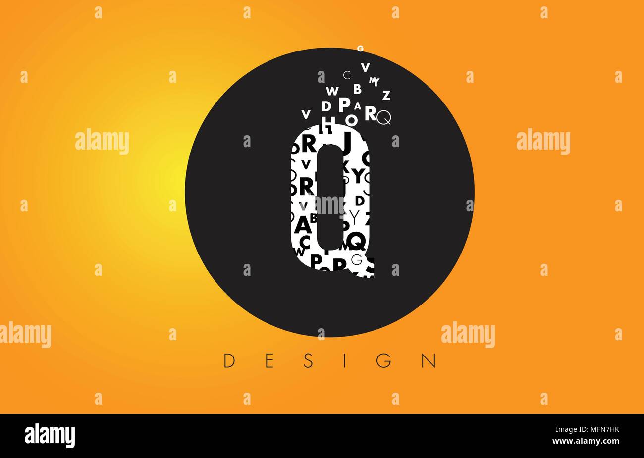 Q Logo Design Made of Small Letters with Black Circle and Yellow Background. Stock Vector