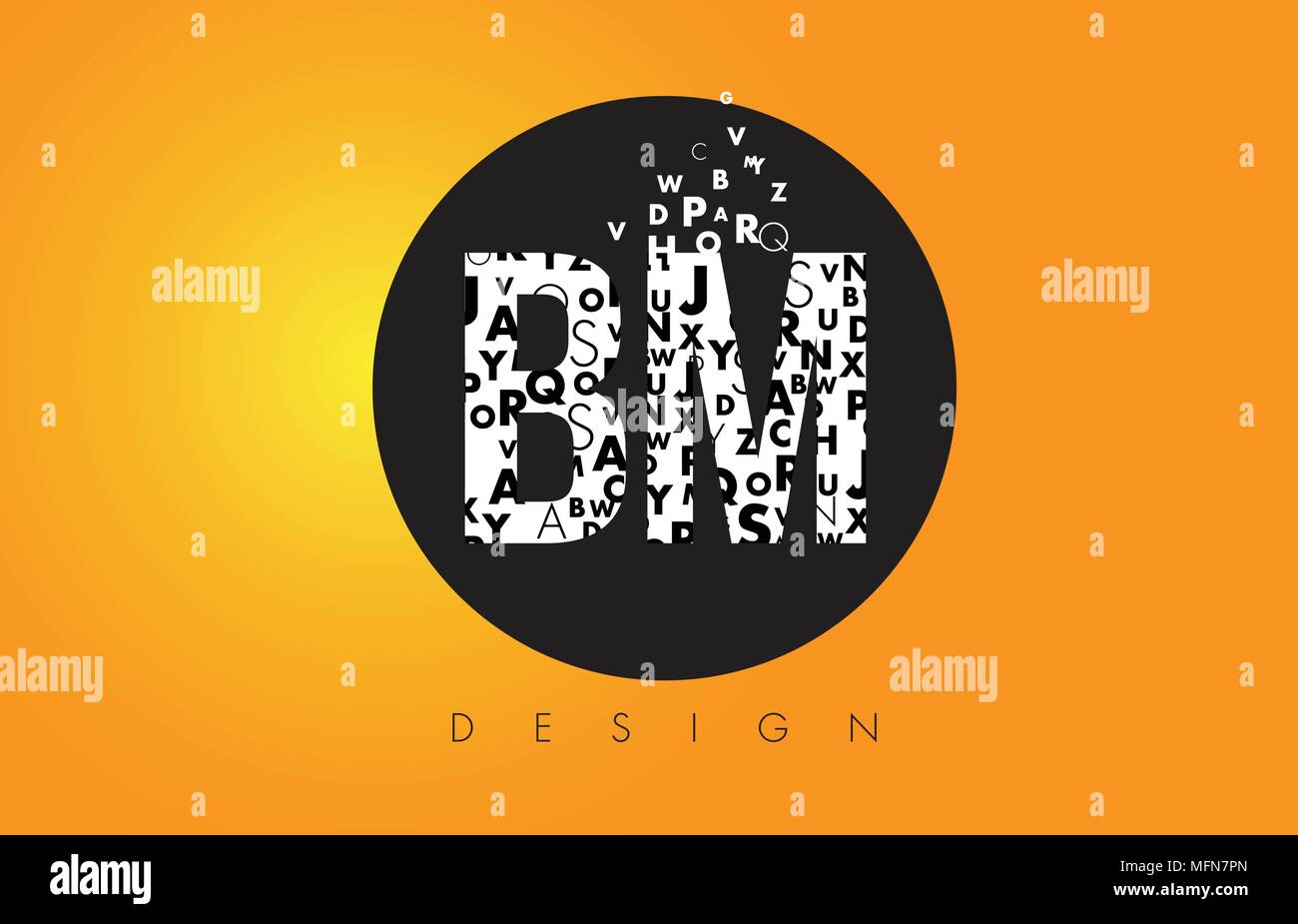 BM B M Logo Design Made of Small Letters with Black Circle and Yellow Background. Stock Vector