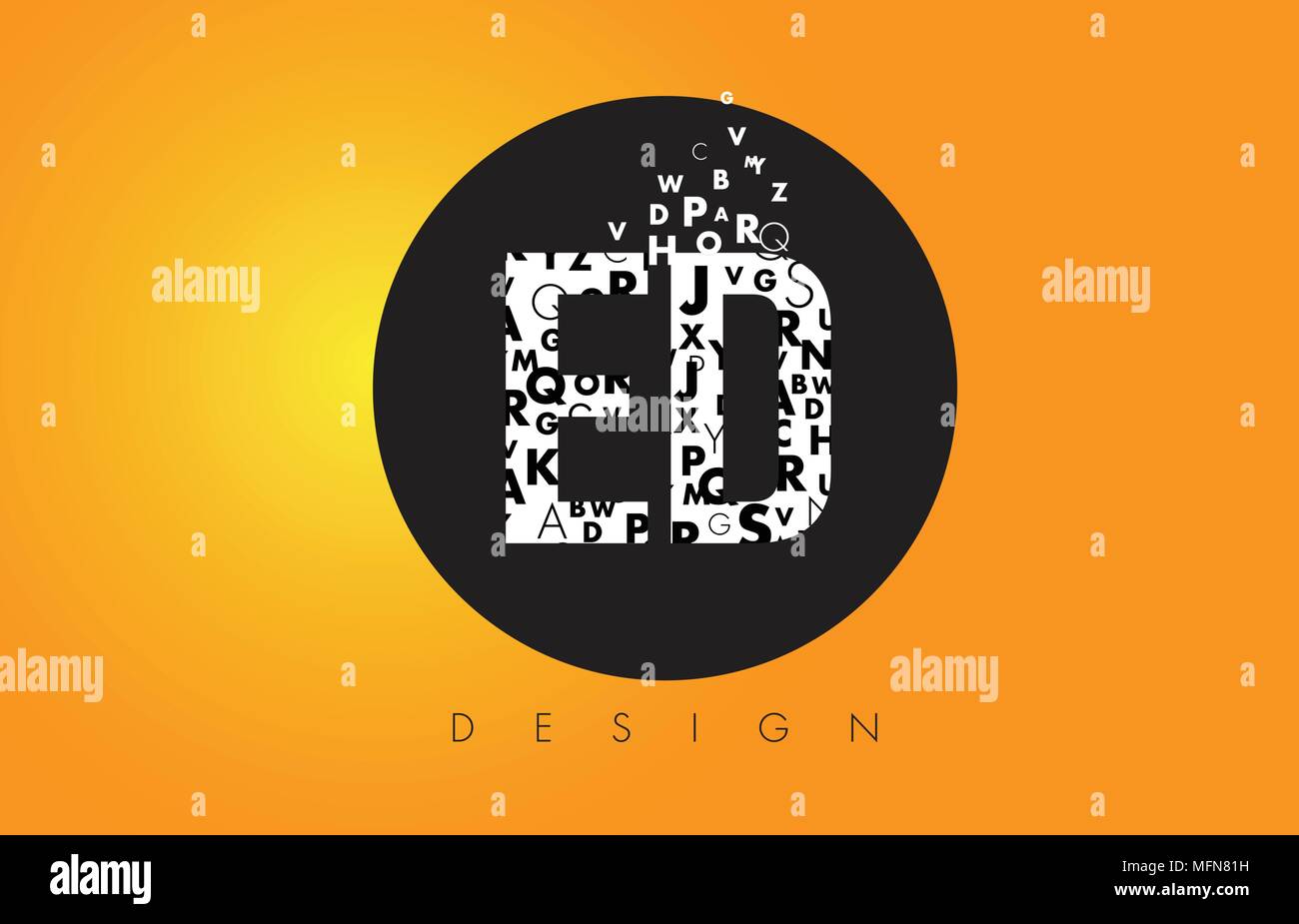 ED E D Logo Design Made of Small Letters with Black Circle and Yellow Background. Stock Vector