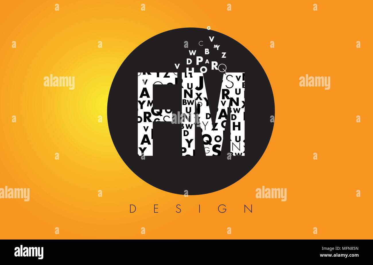 FM F M Logo Design Made of Small Letters with Black Circle and Yellow Background. Stock Vector