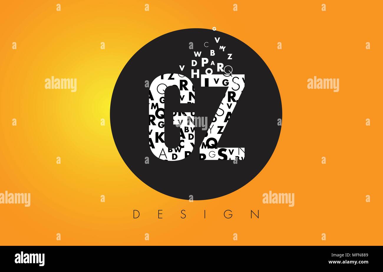 GZ G Z Logo Design Made of Small Letters with Black Circle and Yellow Background. Stock Vector