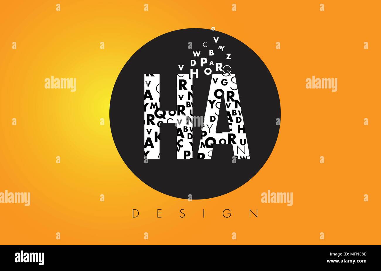 HA H A Logo Design Made of Small Letters with Black Circle and Yellow Background. Stock Vector