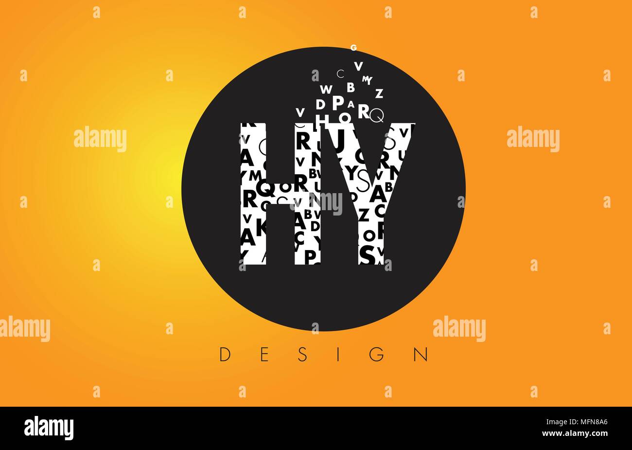 HY H Y Logo Design Made of Small Letters with Black Circle and Yellow Background. Stock Vector