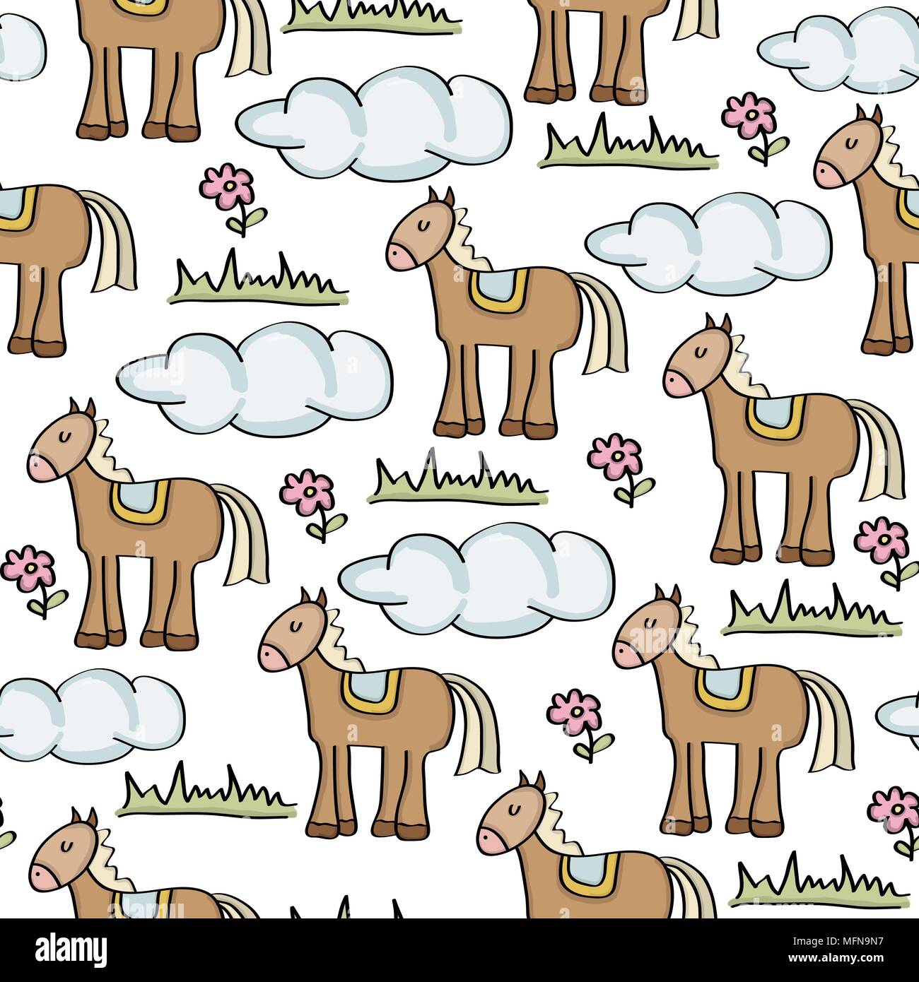 doodle seamless pattern with horses, vector eps 10 Stock Vector