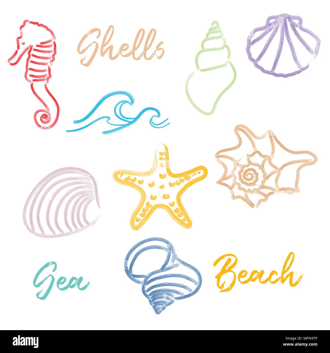 Hand drawn doodle watercolor Seashells and Sea elements set. Vector format Stock Vector