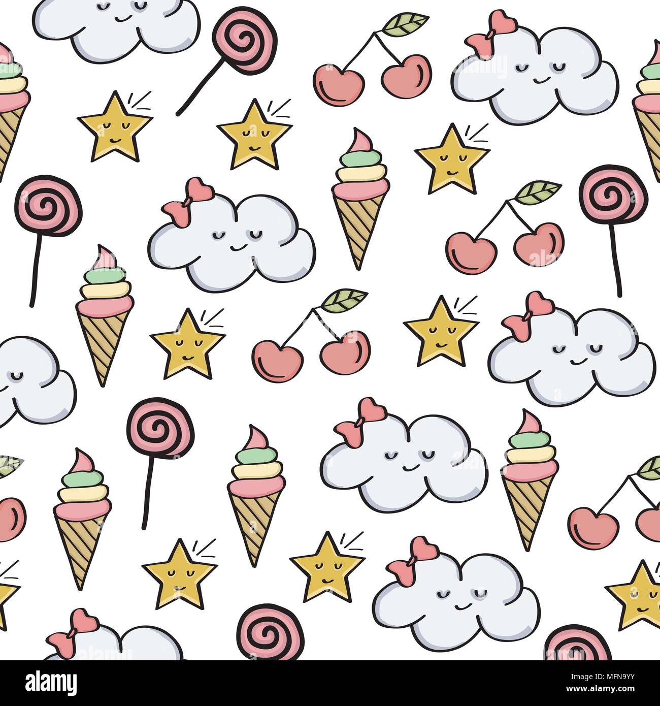 Doodle seamless pattern with magical sweets elements. Vector Stock Vector
