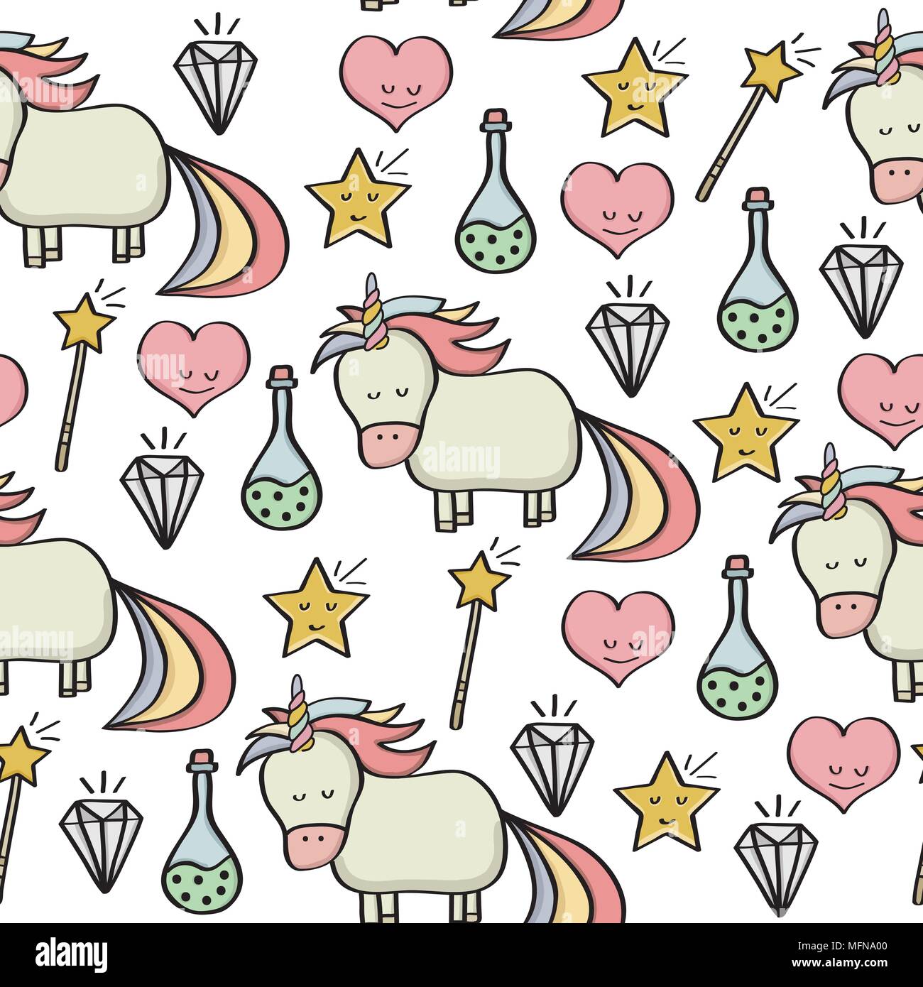 Doodle seamless pattern with unicorns and other fantasy magical elements. Vector Stock Vector