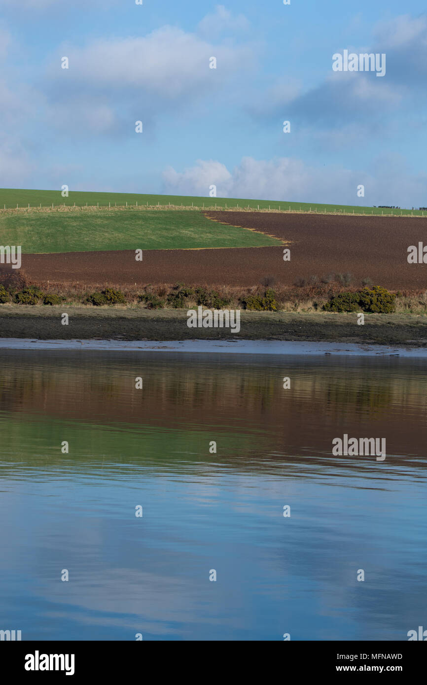 Farmed fields on the banks of the Cleddau, Pembrokeshire Stock Photo