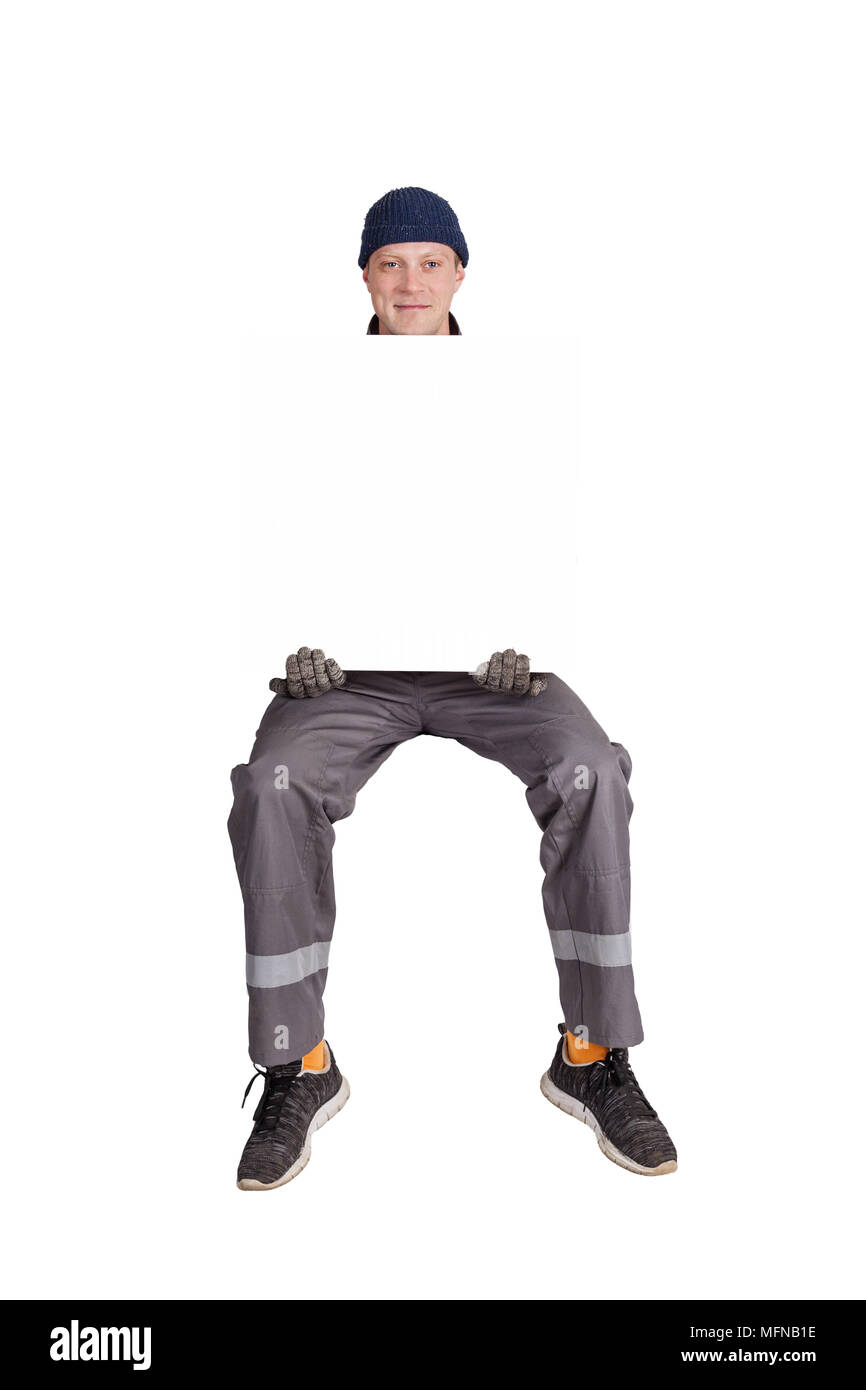 Worker, Ventilation and air conditioning installer sits, insulated Stock Photo