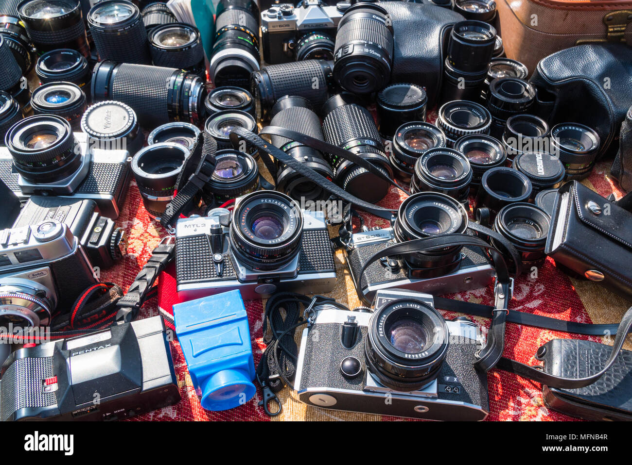 Second hand camera equipment on sale Ludlow street market. Shropshire UK  Stock Photo - Alamy
