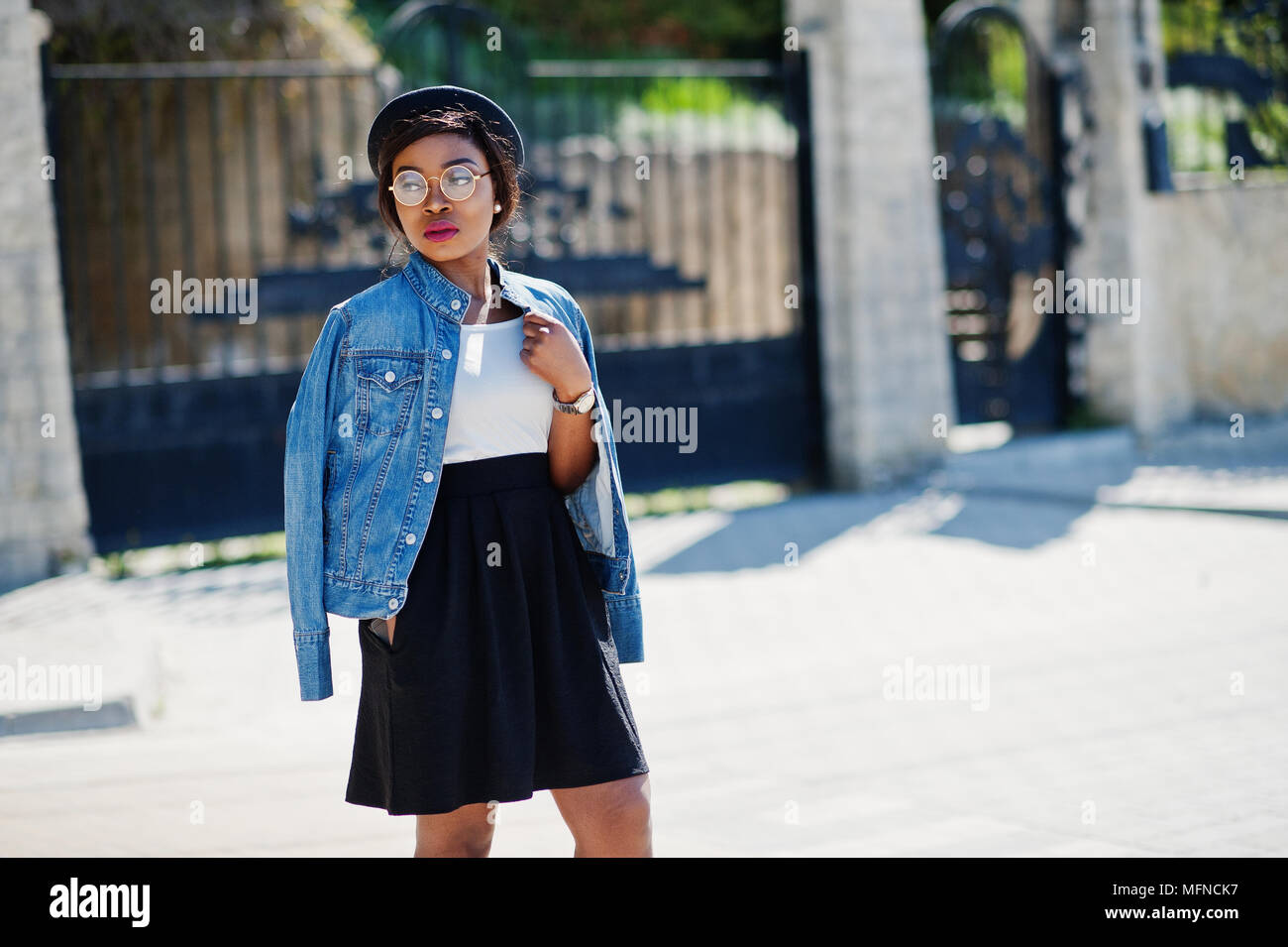 black skirt and jean jacket
