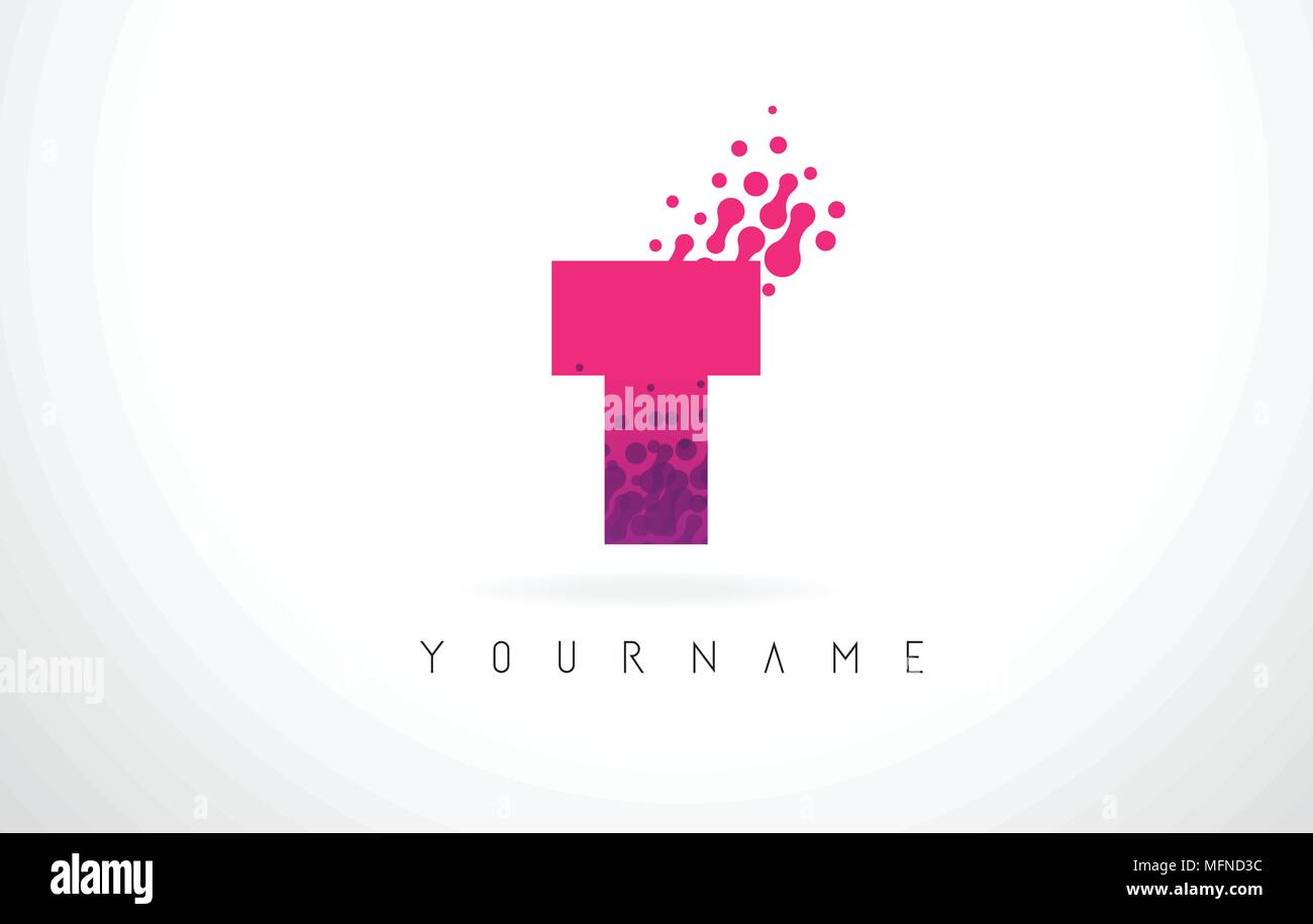 T Letter Logo with Pink Letters and Purple Color Particles Dots Design ...