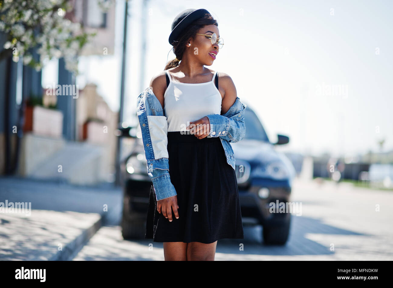 black skirt with jean jacket