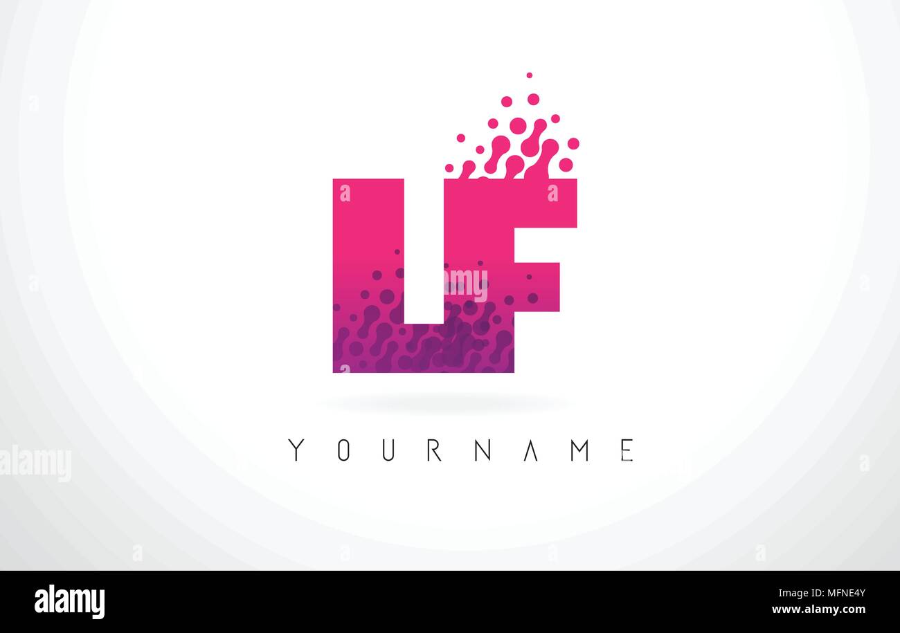 LF L F Letter Logo with Pink Letters and Purple Color Particles Dots Design. Stock Vector