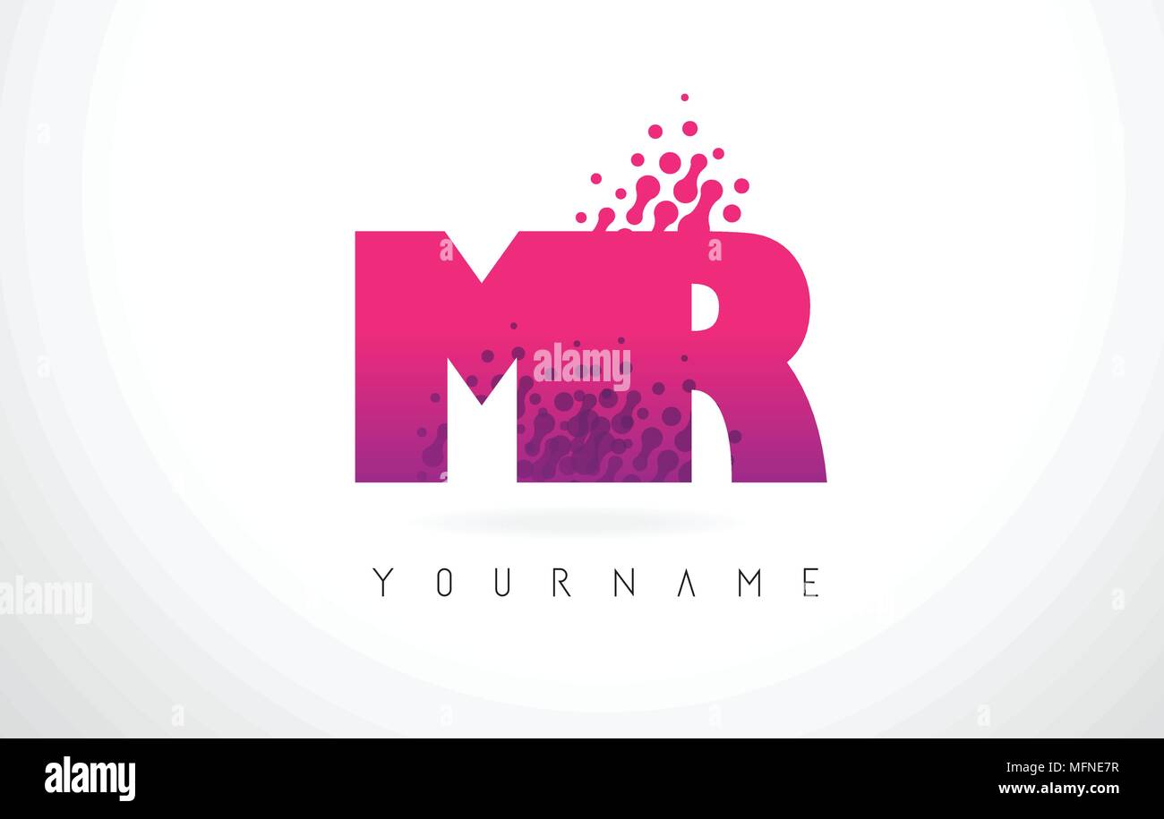 MR M R Letter Logo with Pink Letters and Purple Color Particles Dots