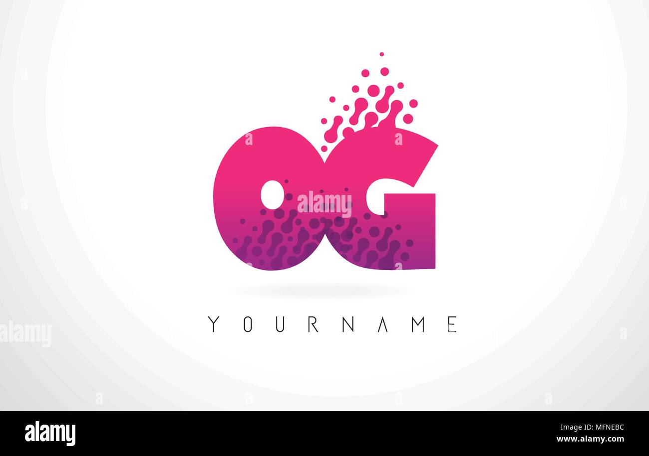 OG O G Letter Logo with Pink Letters and Purple Color Particles Dots Design. Stock Vector