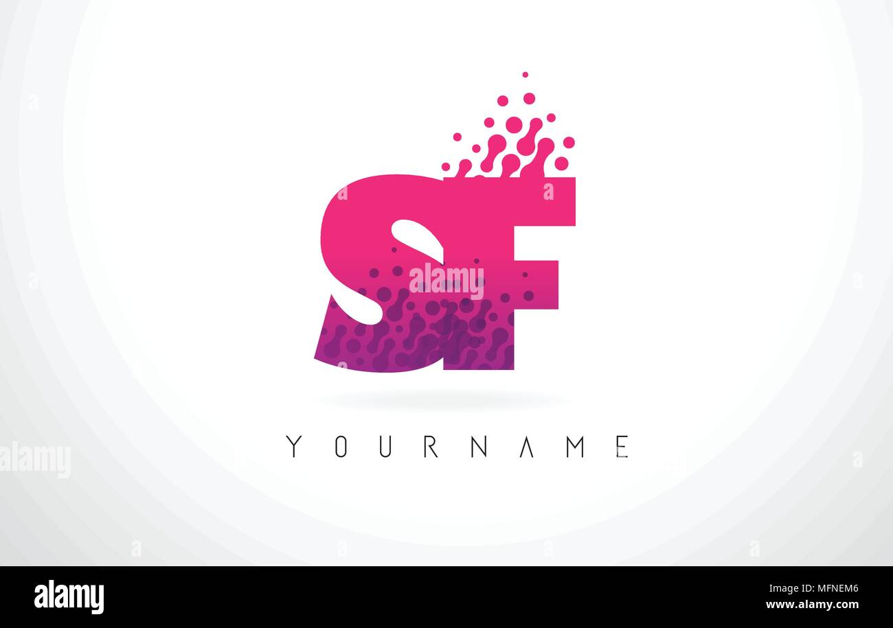 SF S F Letter Logo with Pink Letters and Purple Color Particles Dots Design. Stock Vector