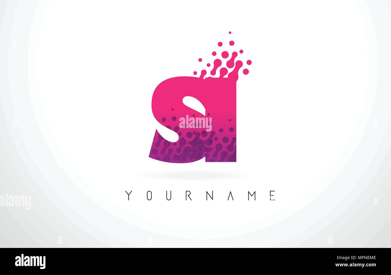SI S I Letter Logo with Pink Letters and Purple Color Particles Dots Design. Stock Vector