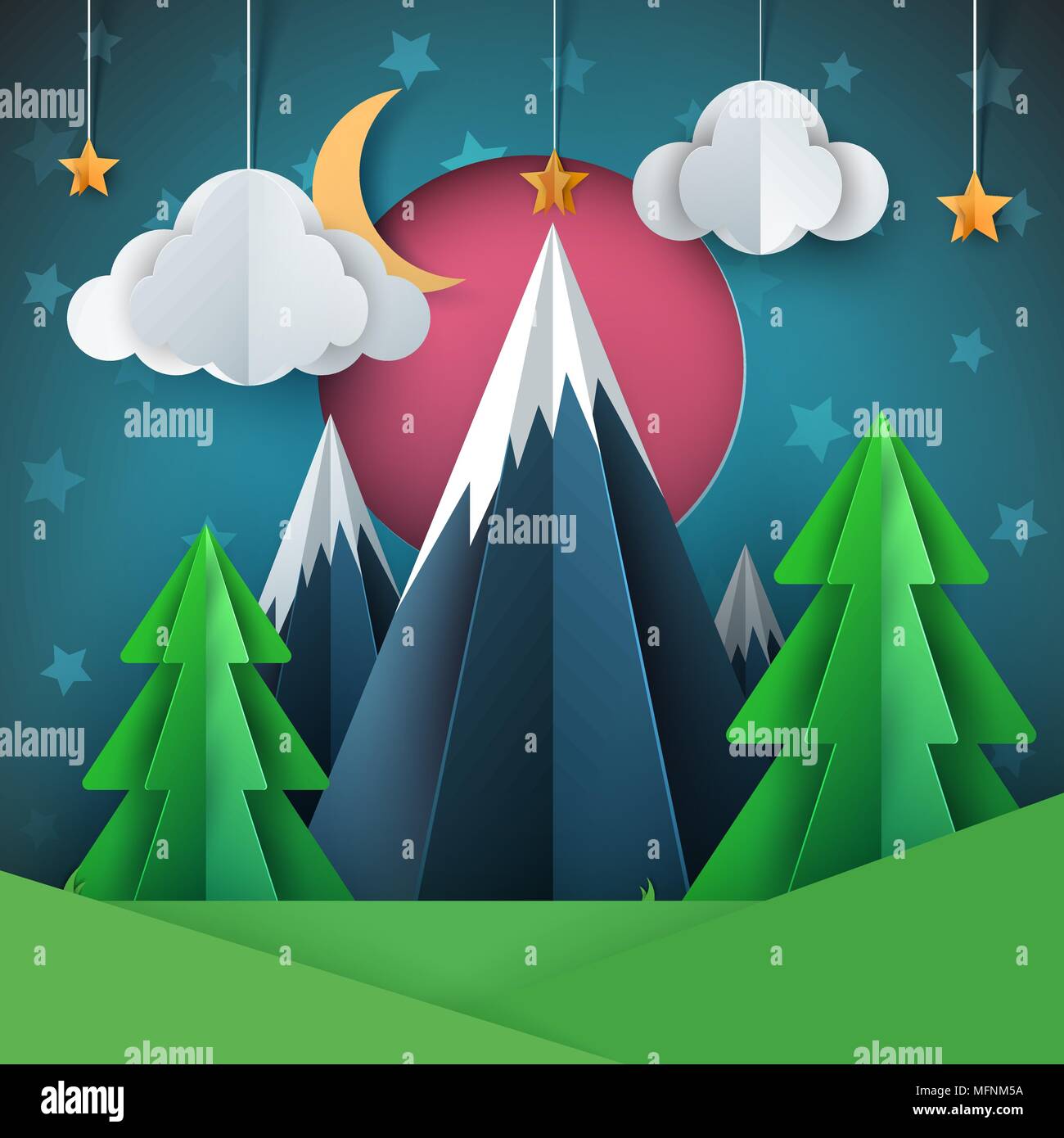 Cartoon paper landscape. Fir, mountain, moon, star illustration. Stock Vector