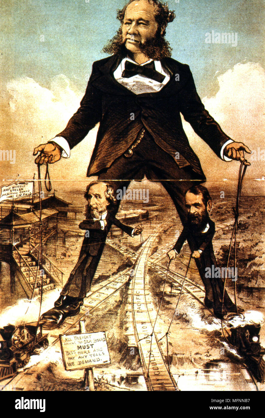 William Henry Vanderbilt (1821-1885), who greatly extended his father Cornelius's railroad interests, standing as a Colossus, puppet-master  over the American railroad. The smaller figures are Jay Gould (1836-1892) American  financier and speculator, right, and Cyrus West Field (1819-1892) American  financier. Stock Photo