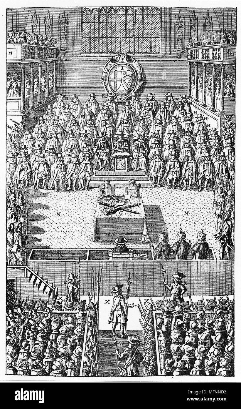 Trial of Charles I, January 1649. Charles I (1600-1649), king of Great Britain and Ireland from 1625, on trial by Parliament in Westminster Hall, London. Charles, as an absolute monarch, did not accept the authority of the court and his refusal to plead was construed as a ple of guilty. Stock Photo
