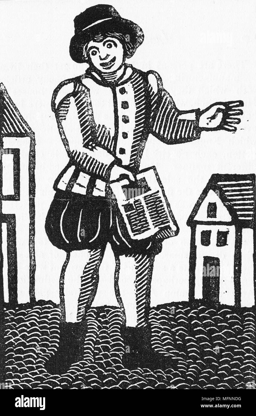 Pedlar selling printed ballads in the street. 17th century London. Stock Photo