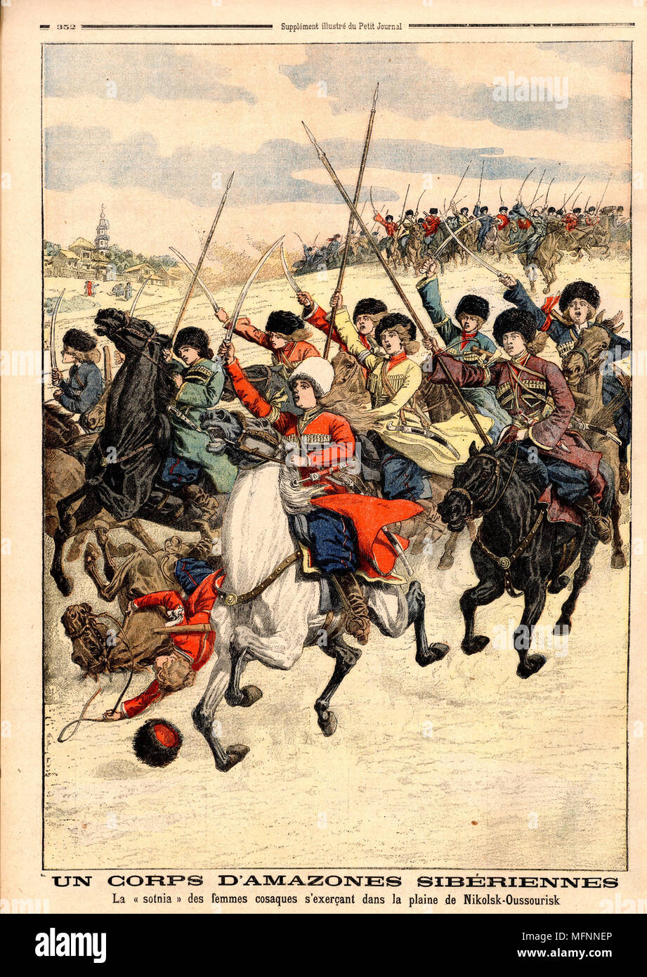 A corps of Siberian Amazons: Female Cossacks on military exercises on the plain of Nikolsk-Oussourisk, Russia.  From 'Le Petit Journal', Paris, 30 October 1904. Stock Photo