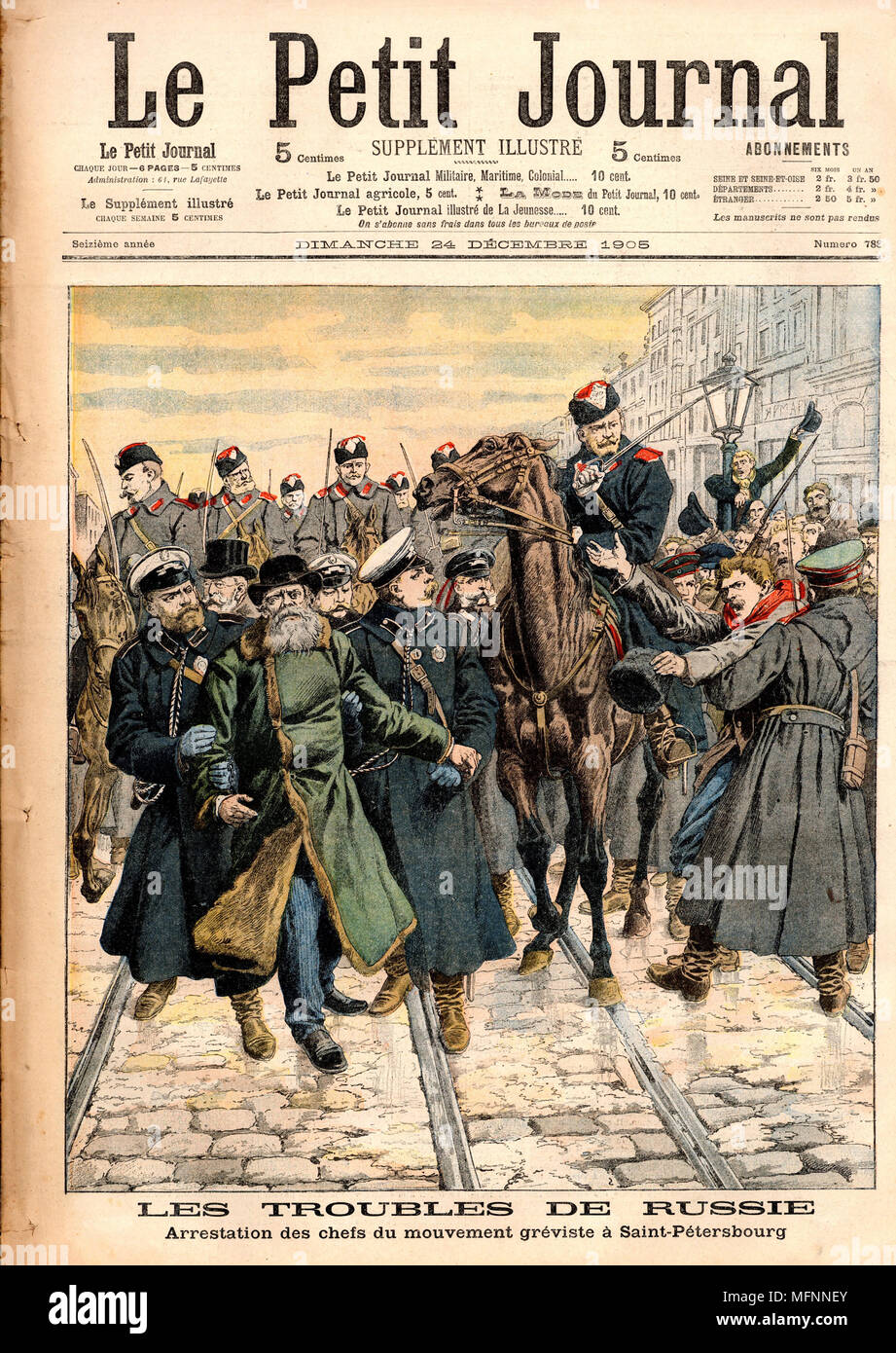 Unrest in Russia: Revolutionary uprisings in 1905. The arrest of a strike leader in St Petersburg at the end of the 1905 uprisings.  From 'Le Petit Journal', Paris, 24 December 1905. Stock Photo