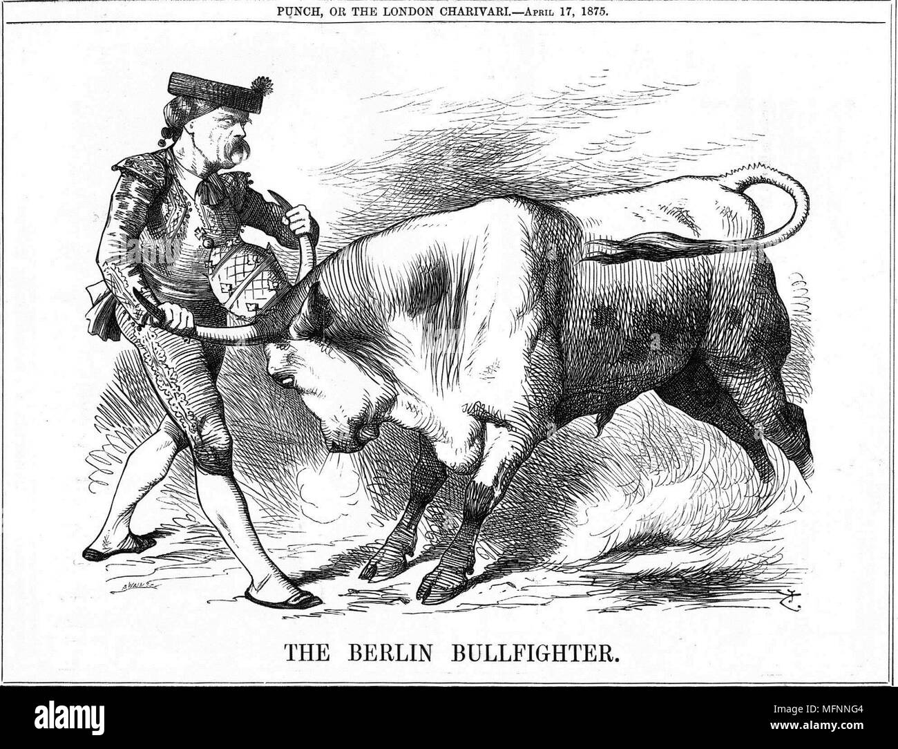 The Berlin Bullfighter' cartoon by John Teniel from 'Punch', London, 17 April 1875, showing the German Chancellor, Otto von Bismarck subduing the Roman Catholic Church in the form of a bull wearing the Papl crown. Stock Photo