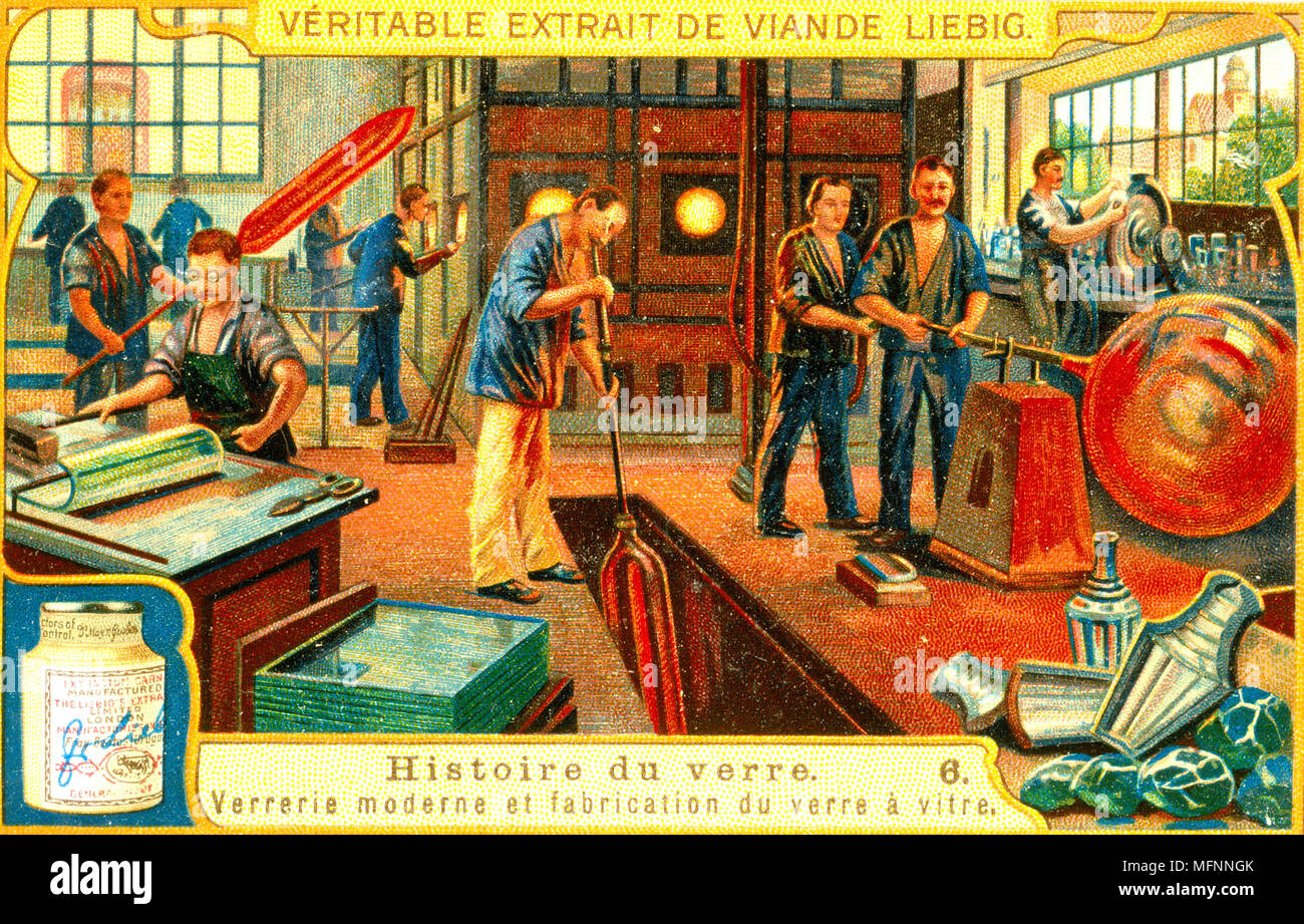 Late 19th century glass factory. In the centre a worker is making a cylinder of glass which will be flattened and formed into a sheet, mainly used for window. Liebig trade card c1900. Stock Photo