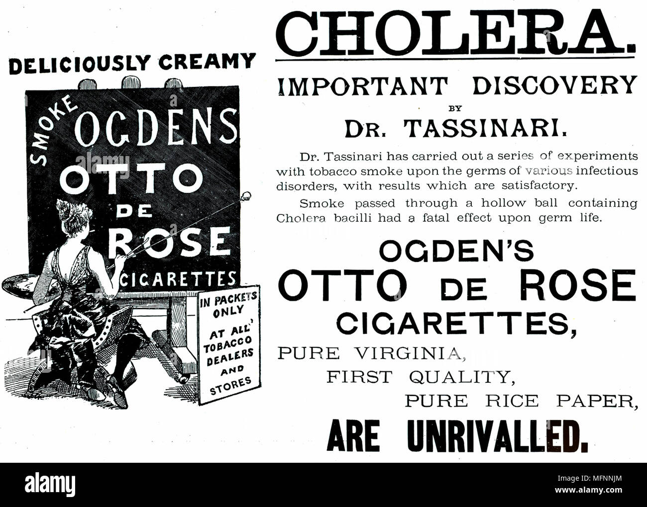 Advertisement claiming that smoking cigarettes could prevent, perhaps even cure, Cholera. This was published at the time an epidemic of the disease was raging in Hamburg and there were fears of it spreading to Britain. From 'The Illustrated London News', September 1882. Stock Photo