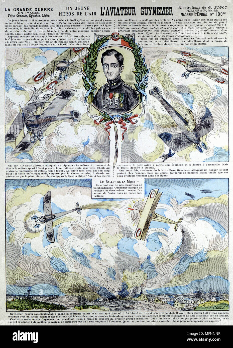 Georges-Marie Guynemer (1895-1917) French air fighter ace shot down 8 times. Died in combat 1917. Credited with 53 air victories. Broadsheet showing dog fights with German biplane and Fokkers. Stock Photo