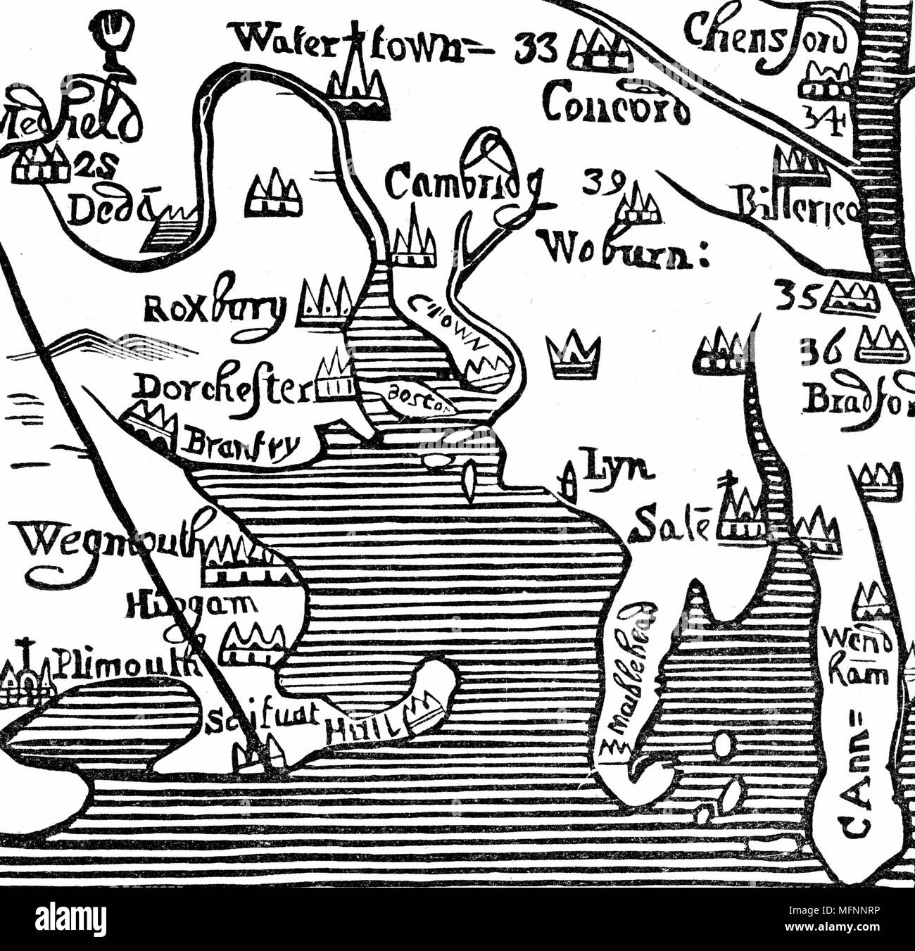 Early map of Massachusetts Bay, America. Massachusetts was first settled by the Pilgrim Fathers, the Puritans who escaped religious persecution in England and sailed to America from Plymouth, England, via Leyden in the Netherlands, in 1620. Woodcut. Stock Photo