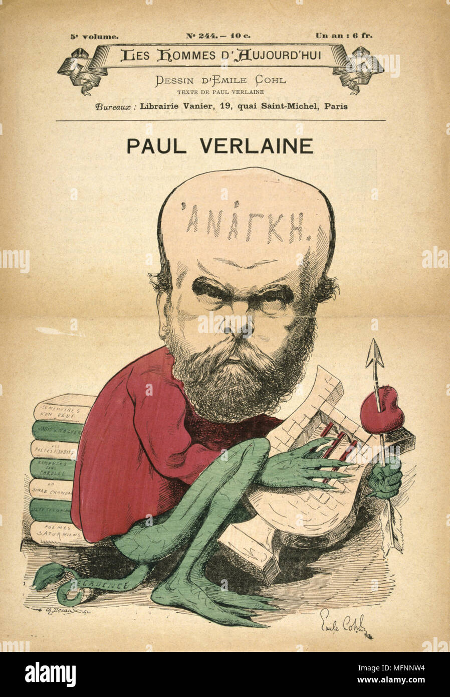 Paul Verlaine (1844-1896) French poet, as Decadence. Cartoon by Emile Cohl (1857-1938), 1880. Stock Photo