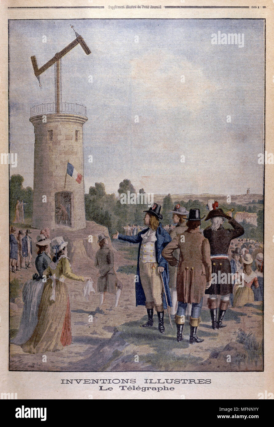 Aerial Telegraph (Semaphore). Artist's impression of Claude Chappe (1763-1895), French engineer and inventor, demonstrating his telegraph system. Widely used, particularly in France and her colonies, until about 1850.  From 'Le Petit Journal', Paris, 1901 Stock Photo