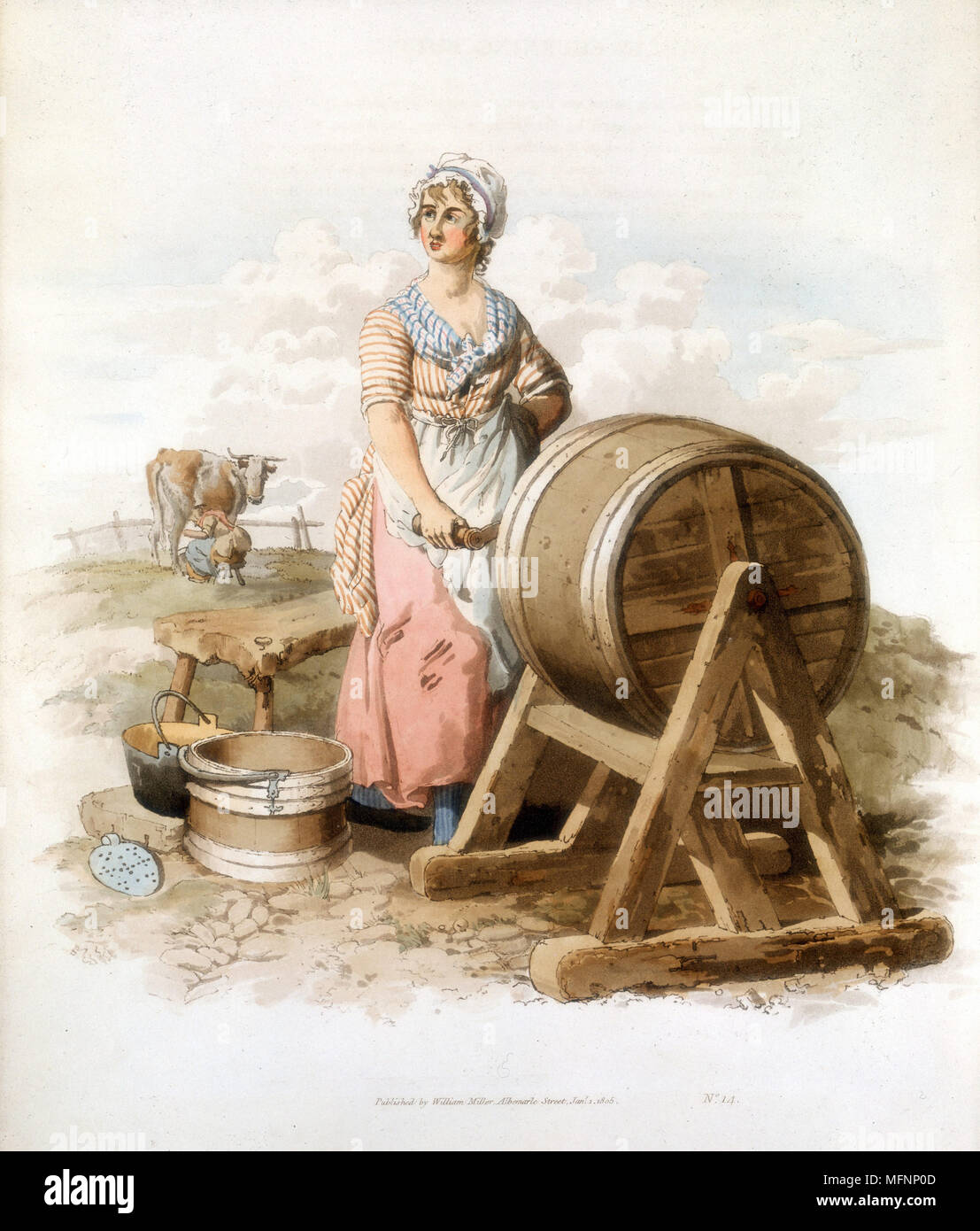 Women making butter. Wooden churn, pail, form, etc. From William Henry Pyne 'Costume of Great Britain', London 1808. Colour Stock Photo