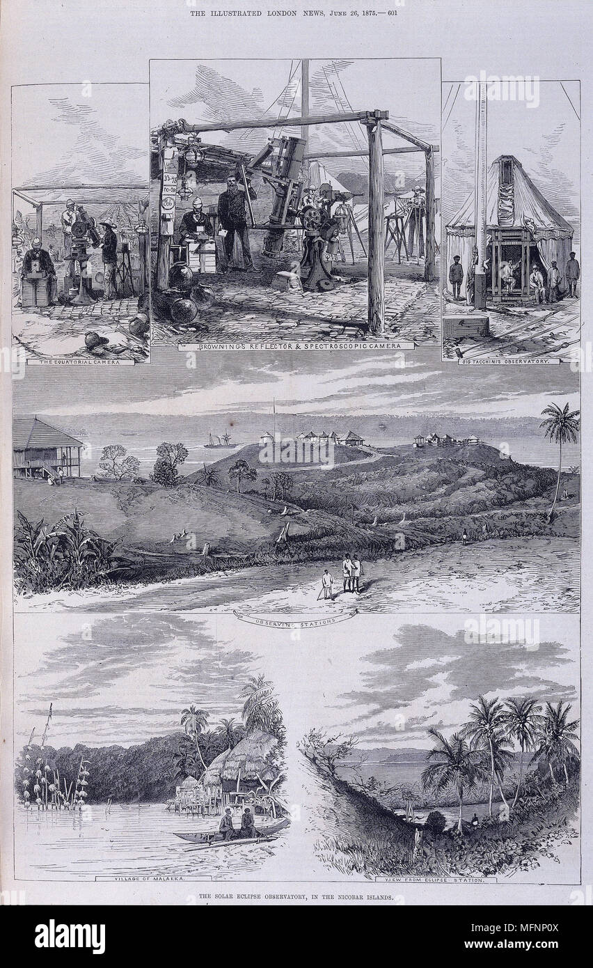 Solar Eclipse Observatory, Nicobar Islands. Showing various illustrations including 'The Equatorial Camera', 'Brownings Reflector and Spectroscopic Camera' and 'Sig Tacchini's Observatory'. Other geographical scenes include the village of Malakka, and views from observation stations. This plate was taken from 'The Illustrated London News', Vol. 66, 1875. Stock Photo