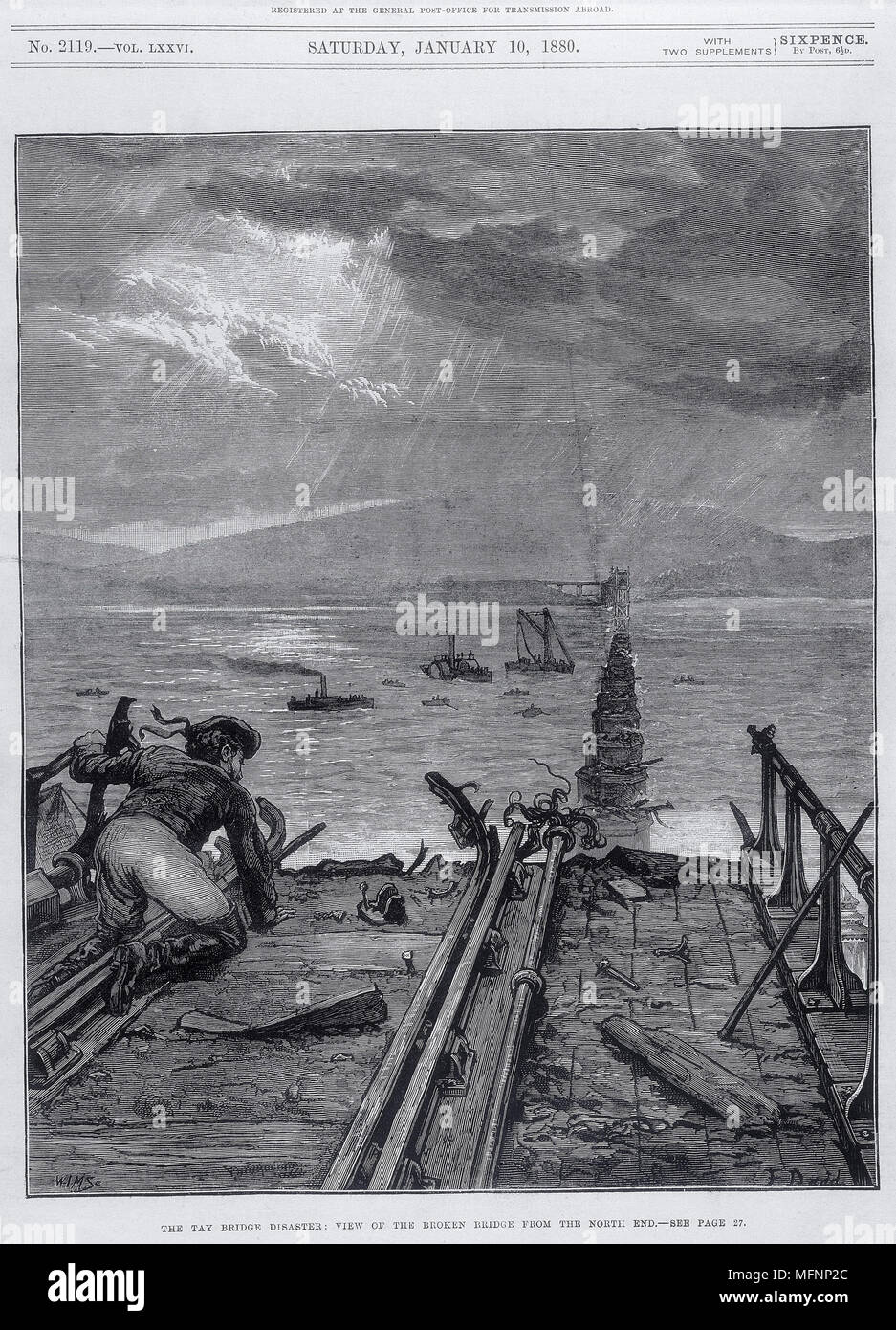 Tay Bridge disaster,  28 December 1779. View of broken bridge from north end. Engraving from 'The Illustrated London News', 1879. Stock Photo